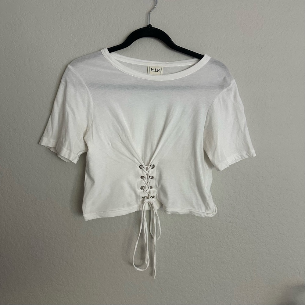 h.i.p. White Lace-Up Short Sleeve Top